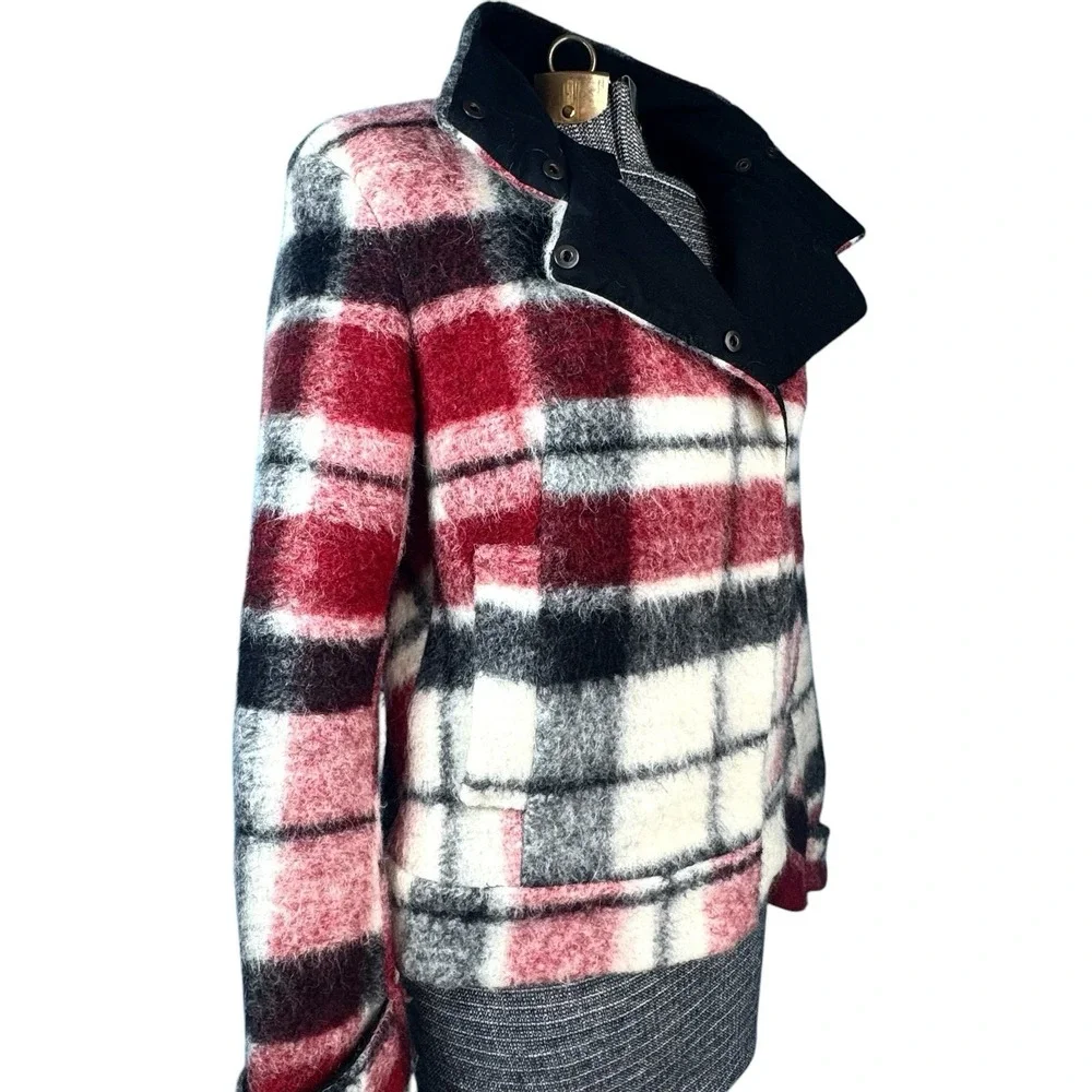 Zara Wool‎ Mohair Jacket Maroon/Black/White Plaid Asymmetric Snap Close Womens S